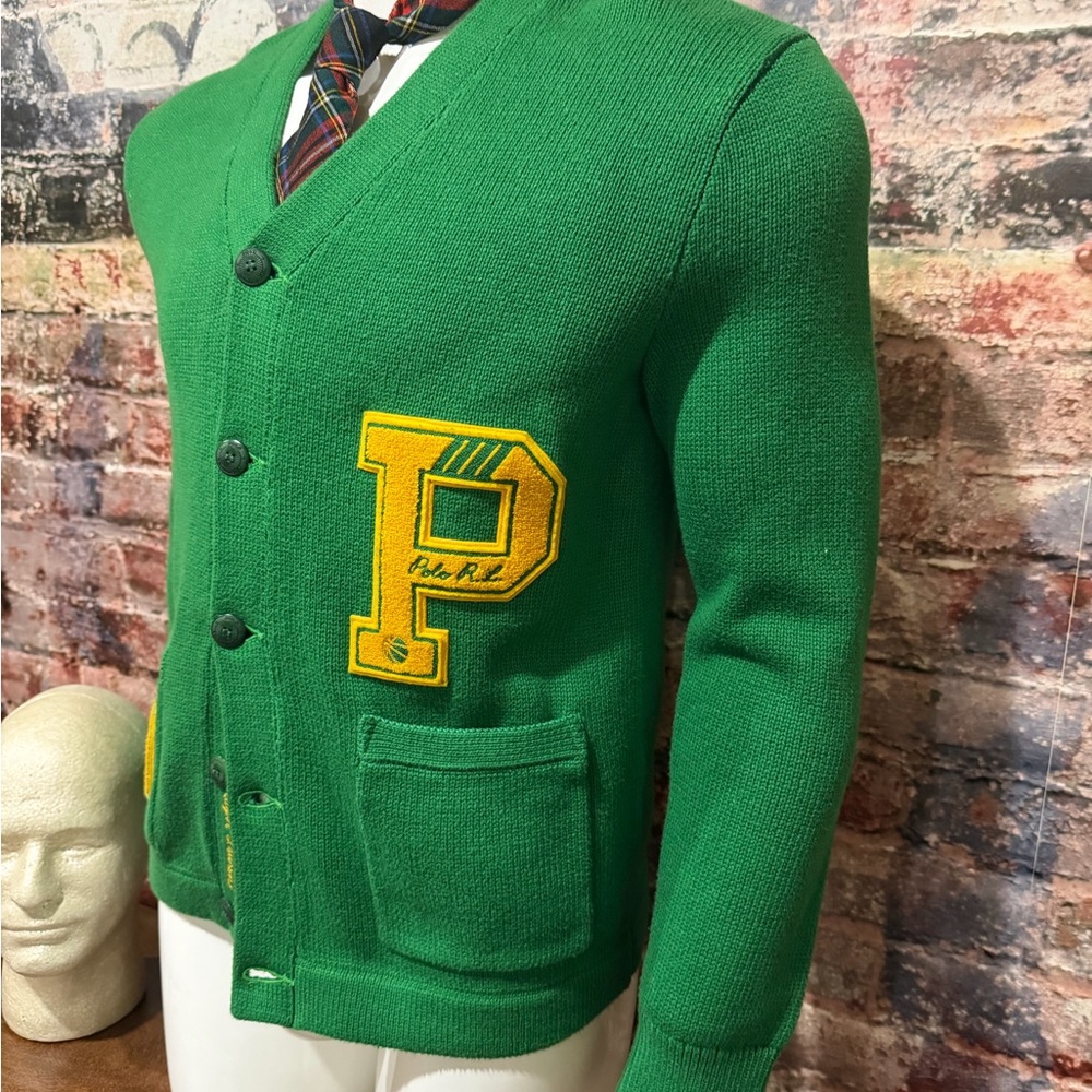 NEW POLO RL Green Cardigan with Yellow Letter P Patch - Picture 3 of 9